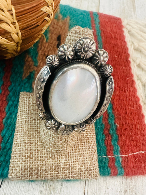 Old Pawn Navajo Sterling Silver & Mother of Pearl Adjustable Ring
