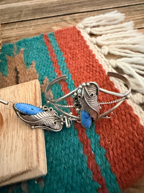 Handcrafted Old Pawn Lapis & Sterling Silver Cuff Bracelet with Hand Chain