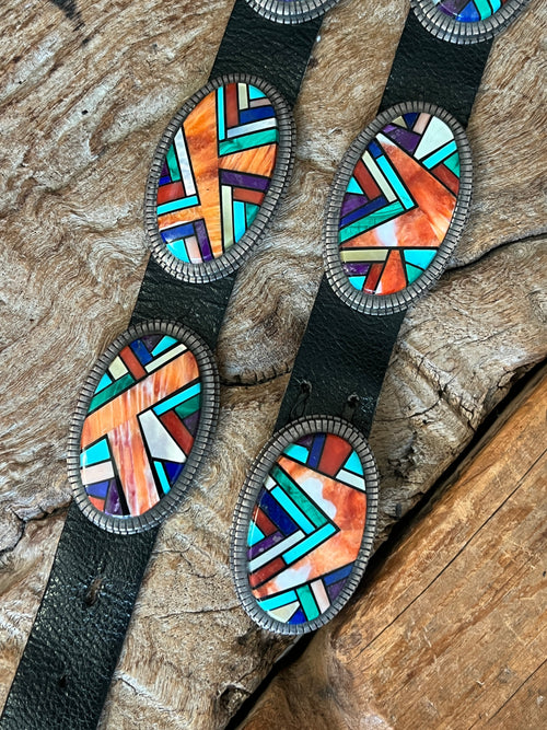 Phenomenal Old Pawn Handcrafted Sterling Silver and Multi Stone Inlay Concho Belt by Ray Jack