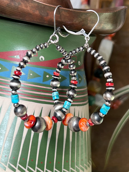 Handcrafted Electric Rainbow Sterling Silver, Turquoise & Spiny Oyster Beaded Hoop Earrings, Leverback