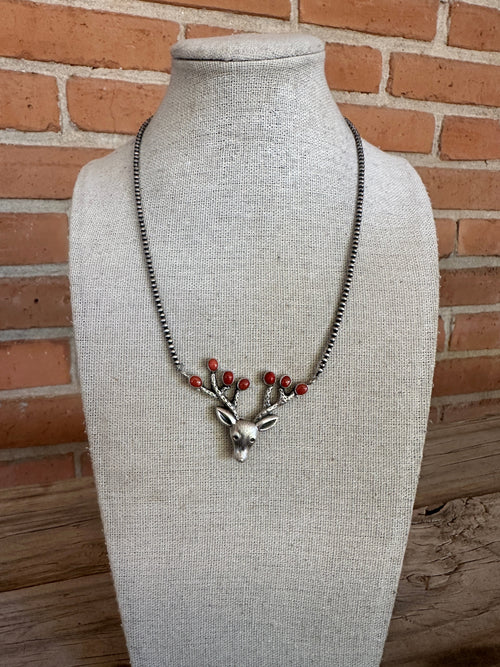 Handmade Sterling Silver Coral Beaded Reindeer Necklace