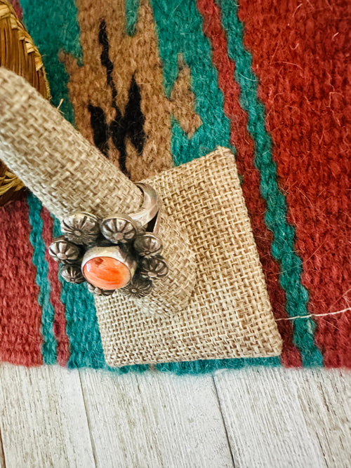 Old Pawn Navajo Sterling Silver & Orange Spiny Flower Ring Size 9