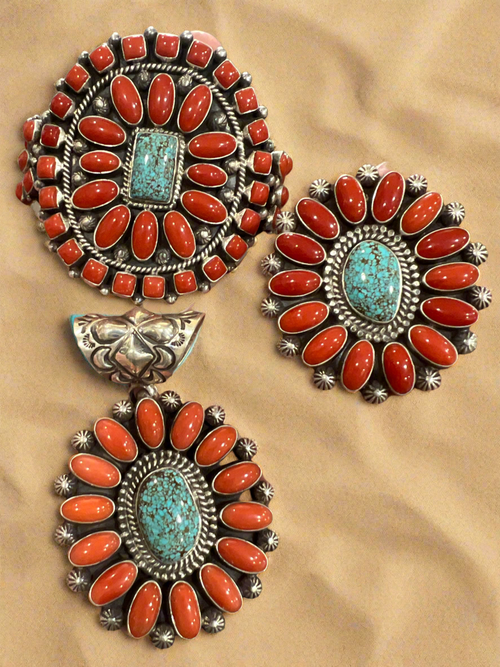 Navajo Sterling Silver, Mediterranean Coral and Spiderweb Turquoise Pendant by Tyler Brown
