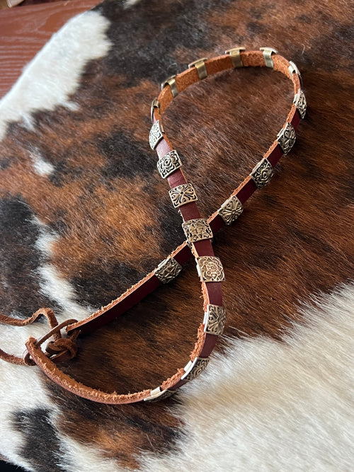 Leather and Sterling Silver Concho Slide Hat Band, Mahogany Leather