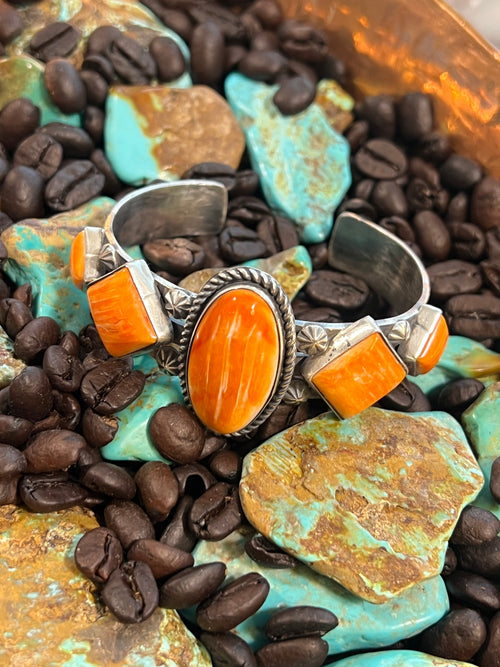 Handcrafted Sterling Silver and Orange Spiny Oyster Shell Geometric Row Cuff by Rosella Paxson