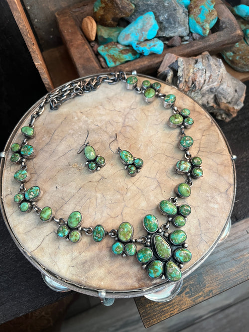 Navajo Sterling Silver and Sonoran Gold Turquoise Electric Rainbow Cluster Necklace with Earrings by Bea Tom