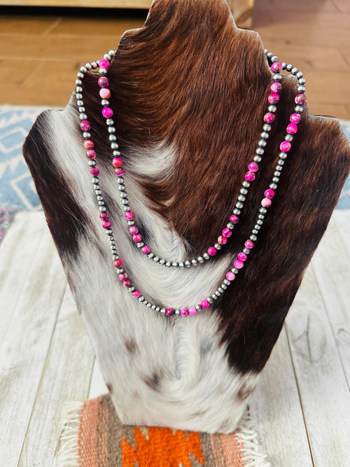 Handcrafted Sterling Silver & Pink Mojave Beaded Necklace