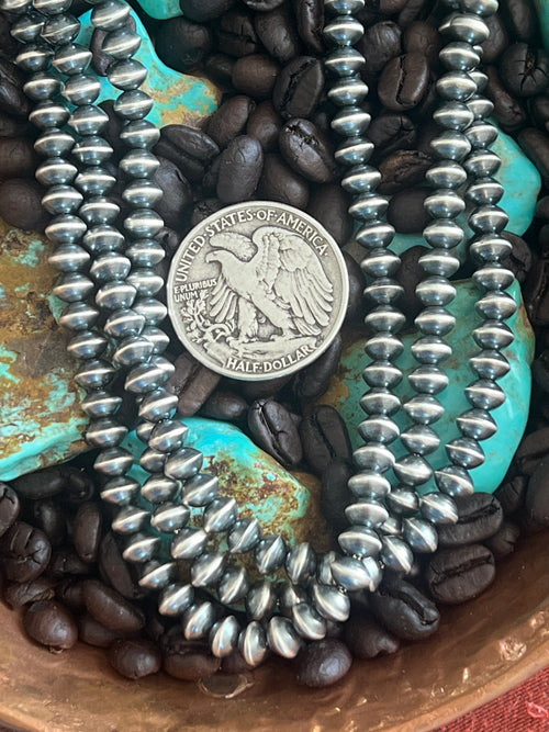 Vinita Cowboy 6.5mm Handmade Sterling Silver Navajo Saucer Pearl Necklaces, 20 inches