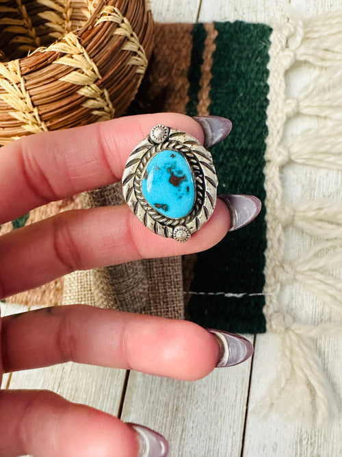 Old Pawn Handcrafted Turquoise & Sterling Silver Ring Size 9