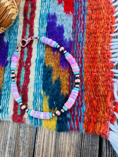 Handcrafted Queen Pink Conch, Turquoise & Copper Beaded Bracelet