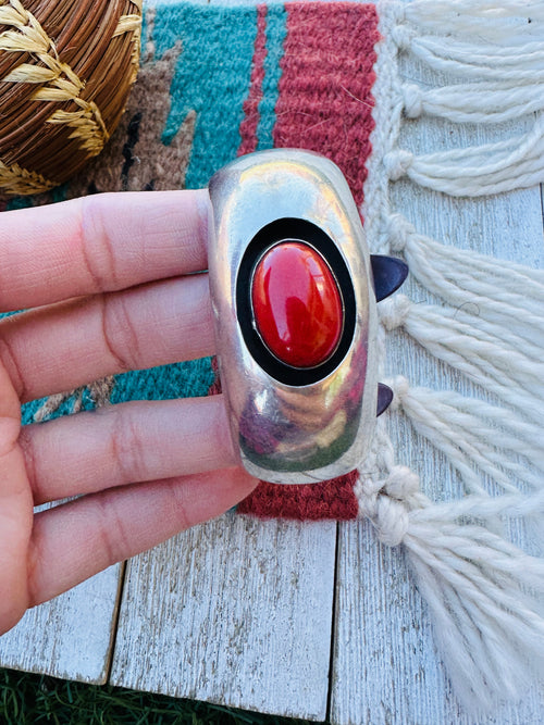 Handcrafted Old Pawn Sterling Silver and Coral Cuff Bracelet