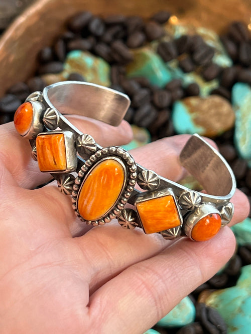 Apache Sterling Silver and Orange Spiny Oyster Shell Cuff Bracelet by Rosella Paxson