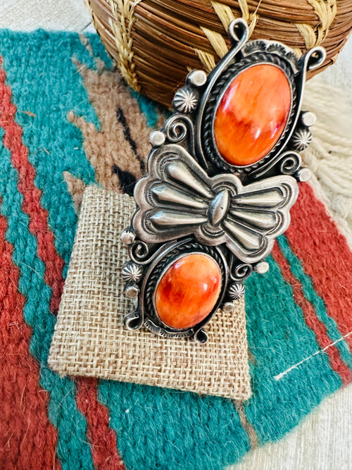Handcrafted Orange Spiny Oyster & Sterling Silver Ring by Rosella Paxson, Size 9