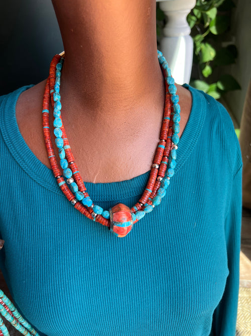 Daniel Coriz Triple Strand Apple Coral and Turquoise Beaded Necklace w/ Sterling Silver Removable Inlay Bead
