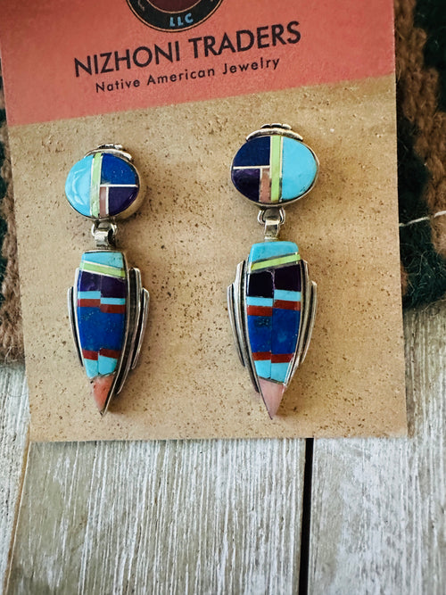 Old Pawn Navajo Sterling Silver & Multi Stone Inlay Dangle Earrings