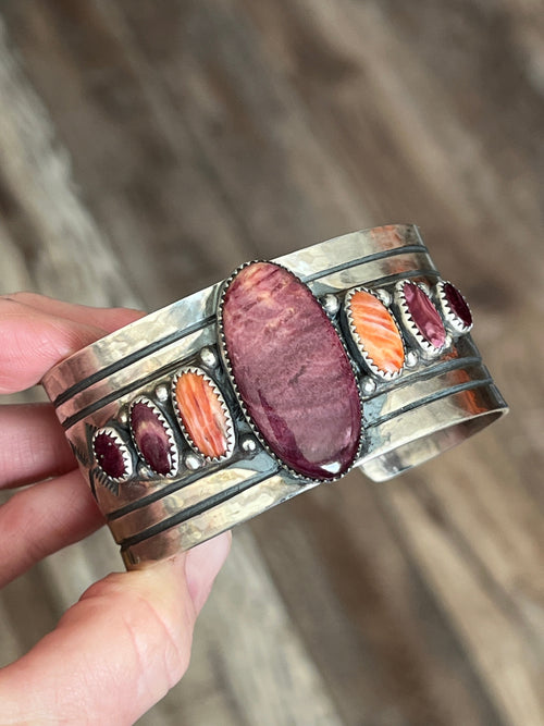 Old Pawn Handcrafted Sterling Silver and Spiny Oyster Cuff Bracelet, Signed AD