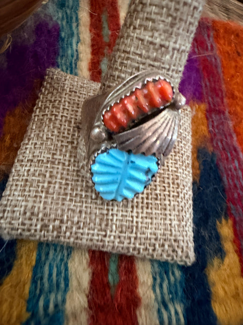 Old Pawn Handcrafted Turquoise, Coral & Sterling Silver Ring Size 12