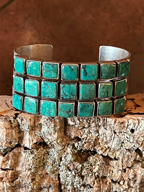 Handcrafted Vintage Sterling Silver and Turquoise Triple Row Square Stone Cuff /
