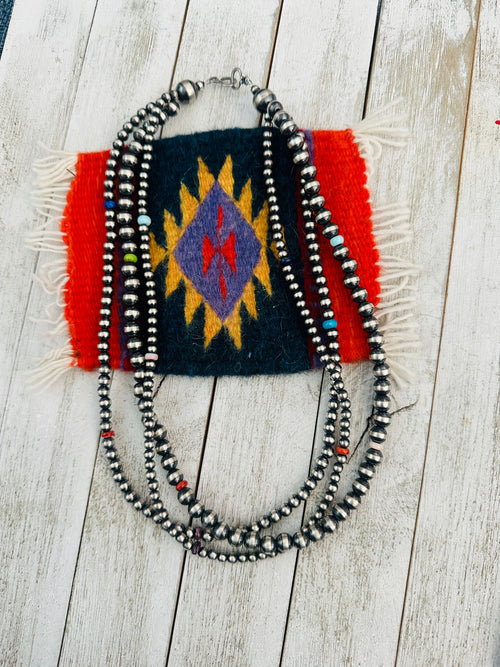 Handcrafted Multi Stone & Sterling Silver Pearl Triple Strand Beaded Necklace 22”