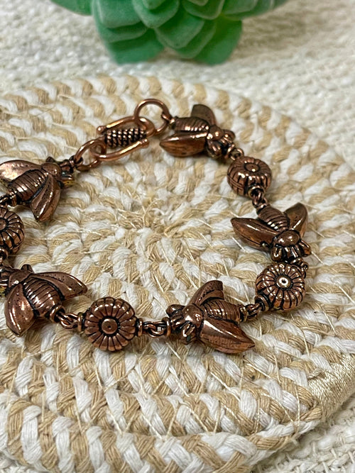 Vintage Handmade Copper Flower & Bee Link Bracelet