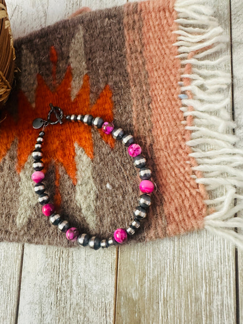Handcrafted Pink Mojave and Sterling Silver Pearl Beaded Bracelet