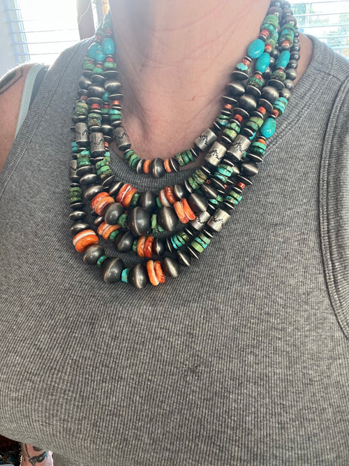Navajo Handmade Triple Strand Sterling Silver, Spiny Oyster and Sonoran Mountain Bead Necklace by Rose Martin