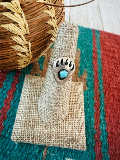 Old Pawn Navajo Sterling Silver & Turquoise Bear Paw Ring