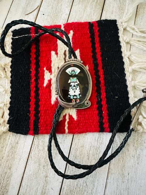 Vintage Old Pawn Sterling Silver & Multi Stone Inlay Bolo Tie