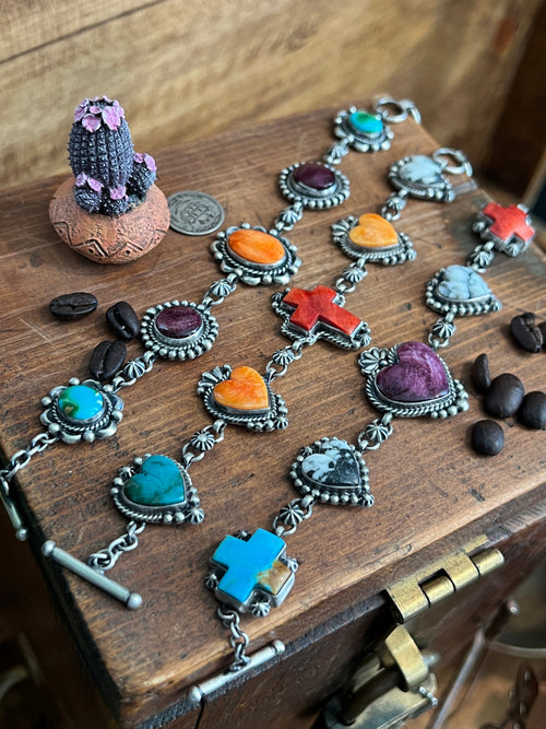 Diane Wylie Handcrafted Sterling Silver, Spiny Oyster, Turquoise & White Buffalo Link Bracelets