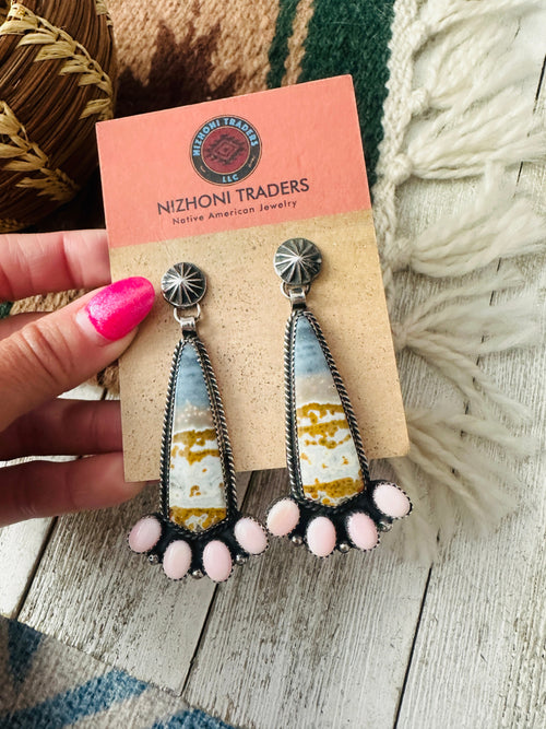 Handcrafted Old Pawn Jasper, Queen Pink Conch & Sterling Silver Dangle Earrings