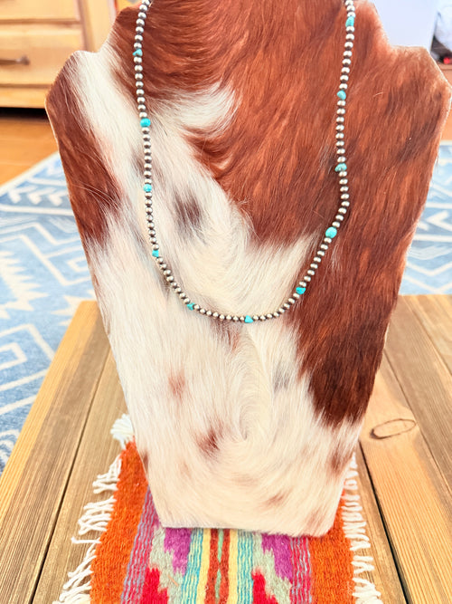 Handcrafted Turquoise & 4mm Sterling Silver 18” Beaded Necklace