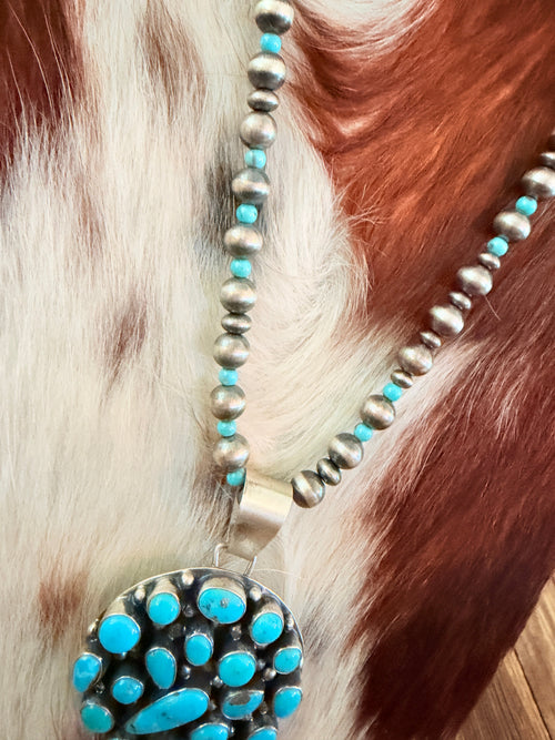 Handcrafted Turquoise & Sterling Silver Cluster Beaded Necklace by Bobby Johnson