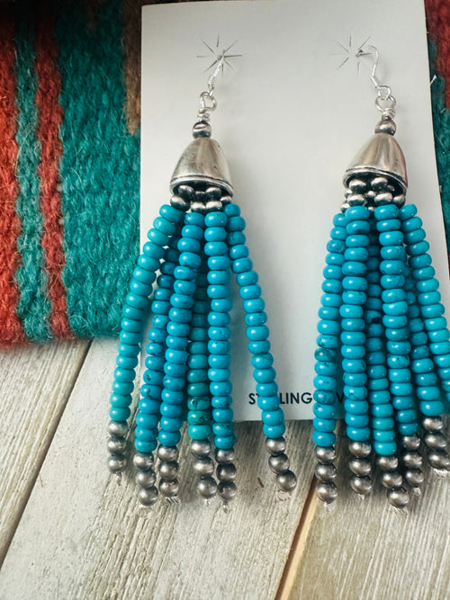 Handcrafted Turquoise & Sterling Silver Pearl Beaded Tassel Dangle Earrings