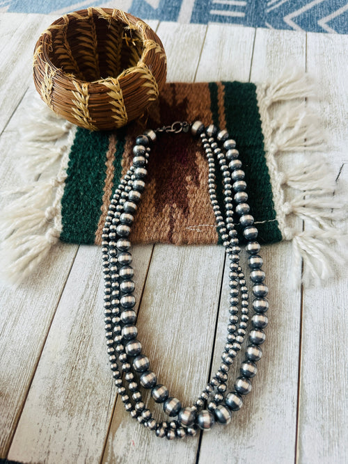 Navajo Sterling Silver Pearl Triple Strand Beaded Necklace