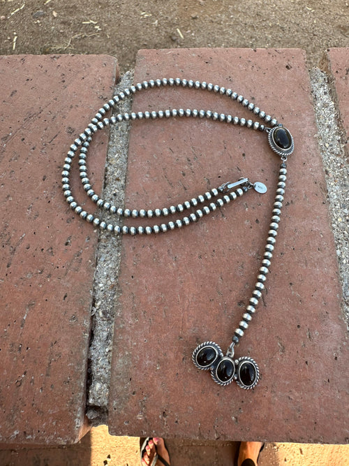 Handcrafted Onyx & Sterling Silver Pearl Beaded Lariat Necklace