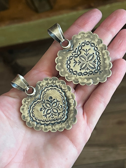 Hand Stamped Sterling Silver & Kingman Turquoise Heart Pendant by June Delgarito