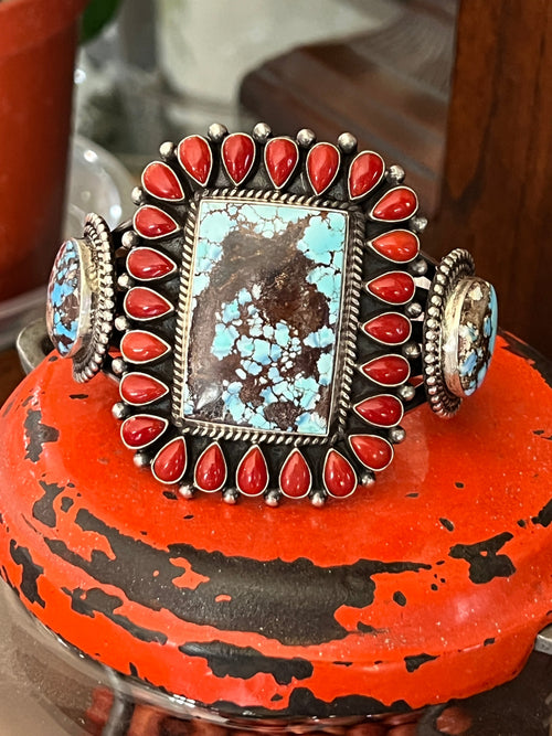 Navajo Sterling Silver, Mediterranean Coral & Golden Hills Turquoise Cuff Bracelet by Tyler Brown
