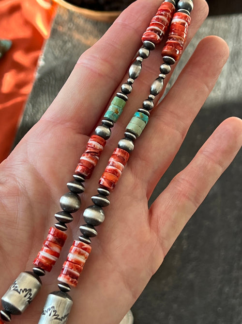 Navajo Electric Rainbow Sterling Silver, Turquoise and Spiny Oyster Single Strand Beaded Necklace by Rose Martin, 26 + 2 Inches