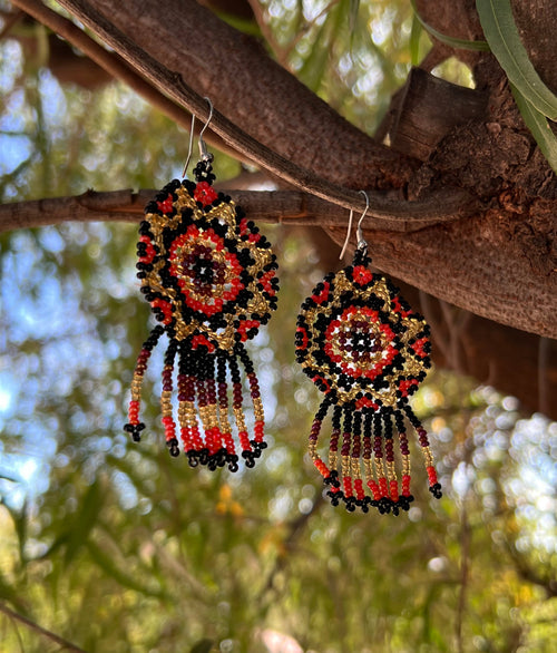 Handmade MultiColor Beaded Dangle Earrings (Black, Orange, & Gold)