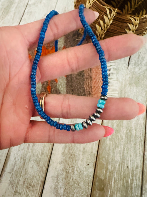 Navajo Lapis, Turquoise & Sterling Silver 16” Beaded Necklace