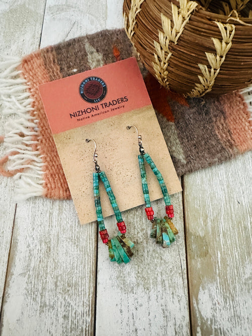 Navajo Turquoise, Coral & Sterling Silver Beaded Hoop Earrings