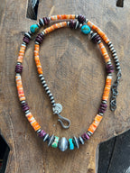 Navajo Made Electric Rainbow Sterling Silver, Turquoise and Spiny Oyster Single Strand Beaded Necklace by Rose Martin, 22 + 2 Inches