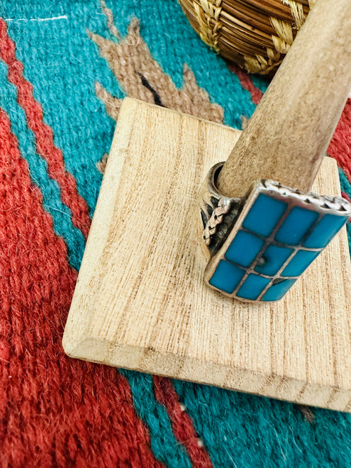 Old Pawn Vintage Handcrafted Sterling Silver & Turquoise Inlay Ring Size 12.5