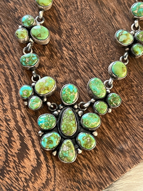 Navajo Sterling Silver and Sonoran Gold Turquoise Electric Rainbow Cluster Necklace with Earrings by Bea Tom