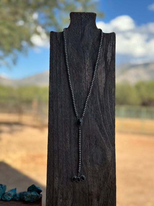 Handcrafted Onyx & Sterling Silver Pearl Beaded Lariat Necklace