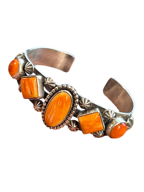 Apache Sterling Silver and Orange Spiny Oyster Shell Cuff Bracelet by Rosella Paxson