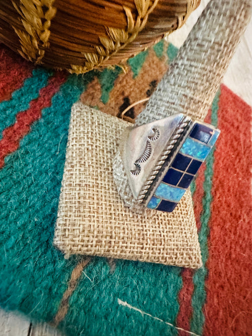 Handcrafted Old Pawn Sterling Silver, Onyx & Opal Inlay Ring Size 11.5