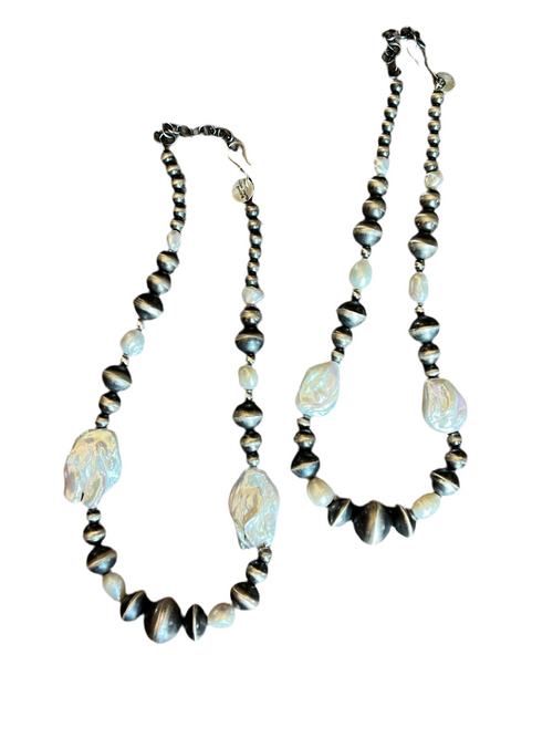 Navajo Sterling Silver and Freshwater Pearl Handmade Beaded Necklace by Rose Martin, 16 Inches