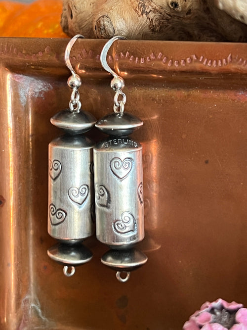 Sterling Silver Handcrafted Heart Stamped Barrel Bead Drop Dangle Earrings by Preston Haley
