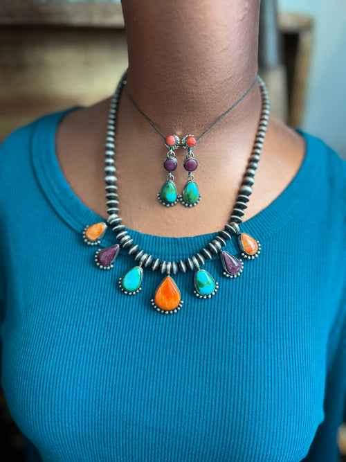 Handcrafted Sterling Silver Electric Rainbow Beaded Drop Charm Necklace & Earrings Set by Loretta Delgarito